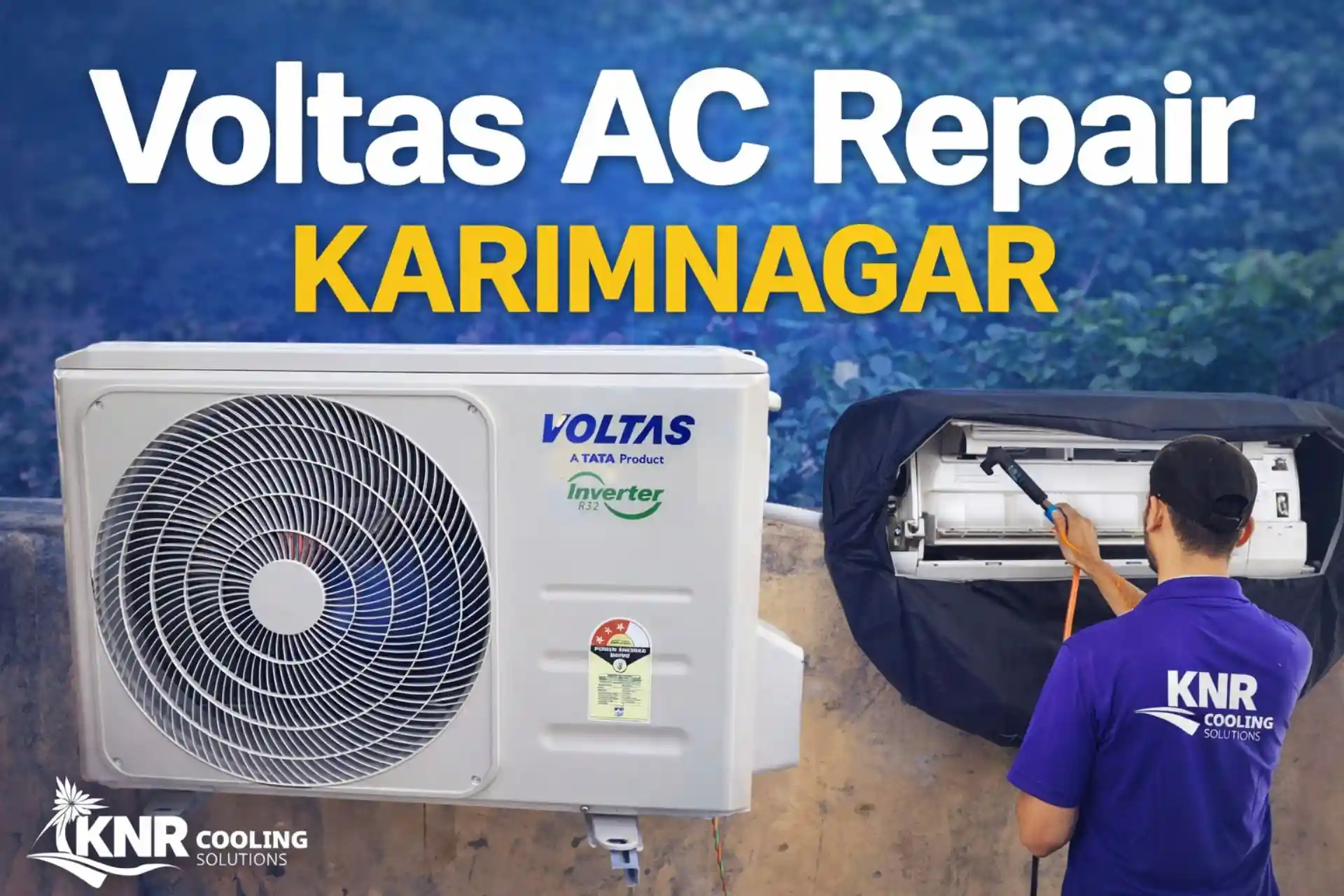 Voltas AC repair service in Karimnagar by KNR Cooling Solutions with technician performing AC cleaning and maintenance