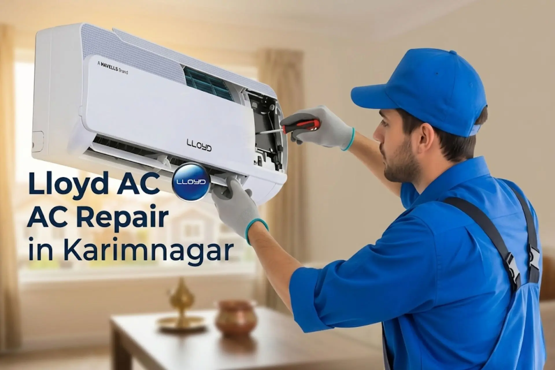 Technician repairing Lloyd AC during professional AC repair service in Karimnagar